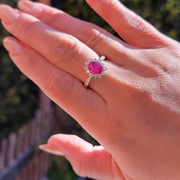 14k Solid Gold Ruby Ring with Diamond Halo - Picture 6 of 9